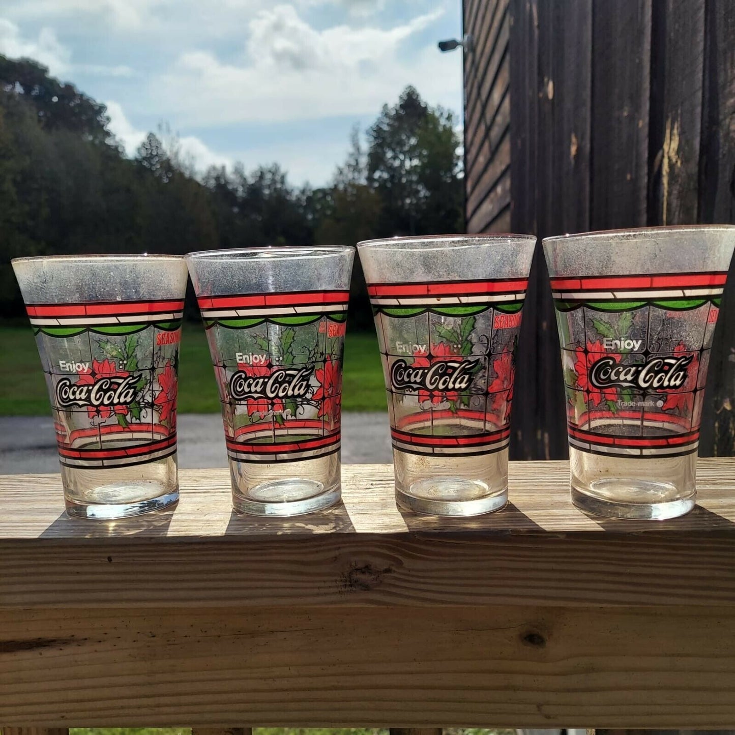 Vintage Set Of four Coca Cola Seasons Greetings Holidays Glasses