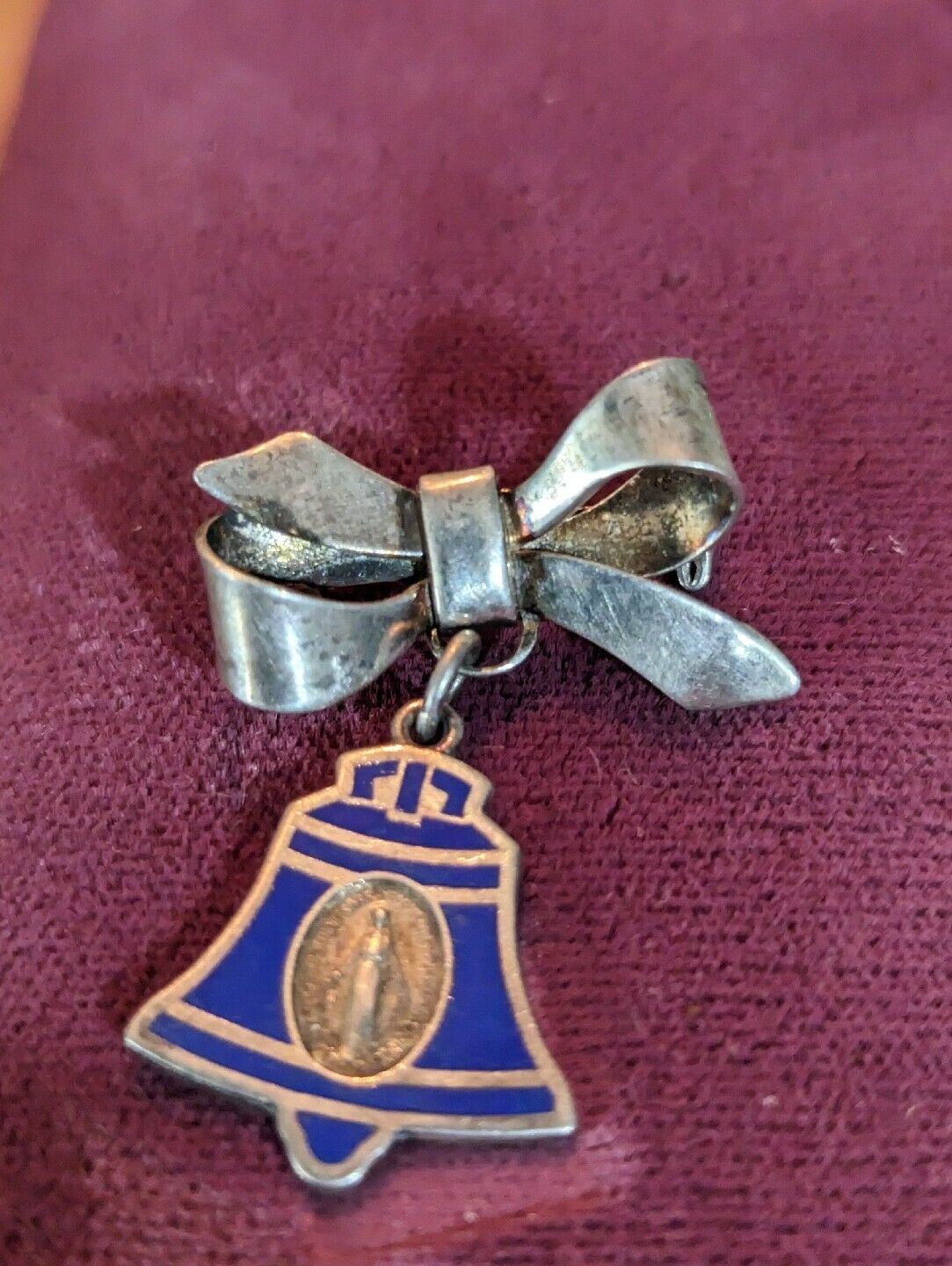 Vintage Sterling Our lady Of The Bell Medal blue enamel With Ribbon