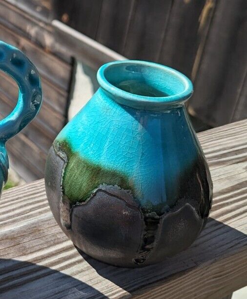 Clay Ceramic Vase Chocolate Brown With Glossy Turquoise Glaze Drip