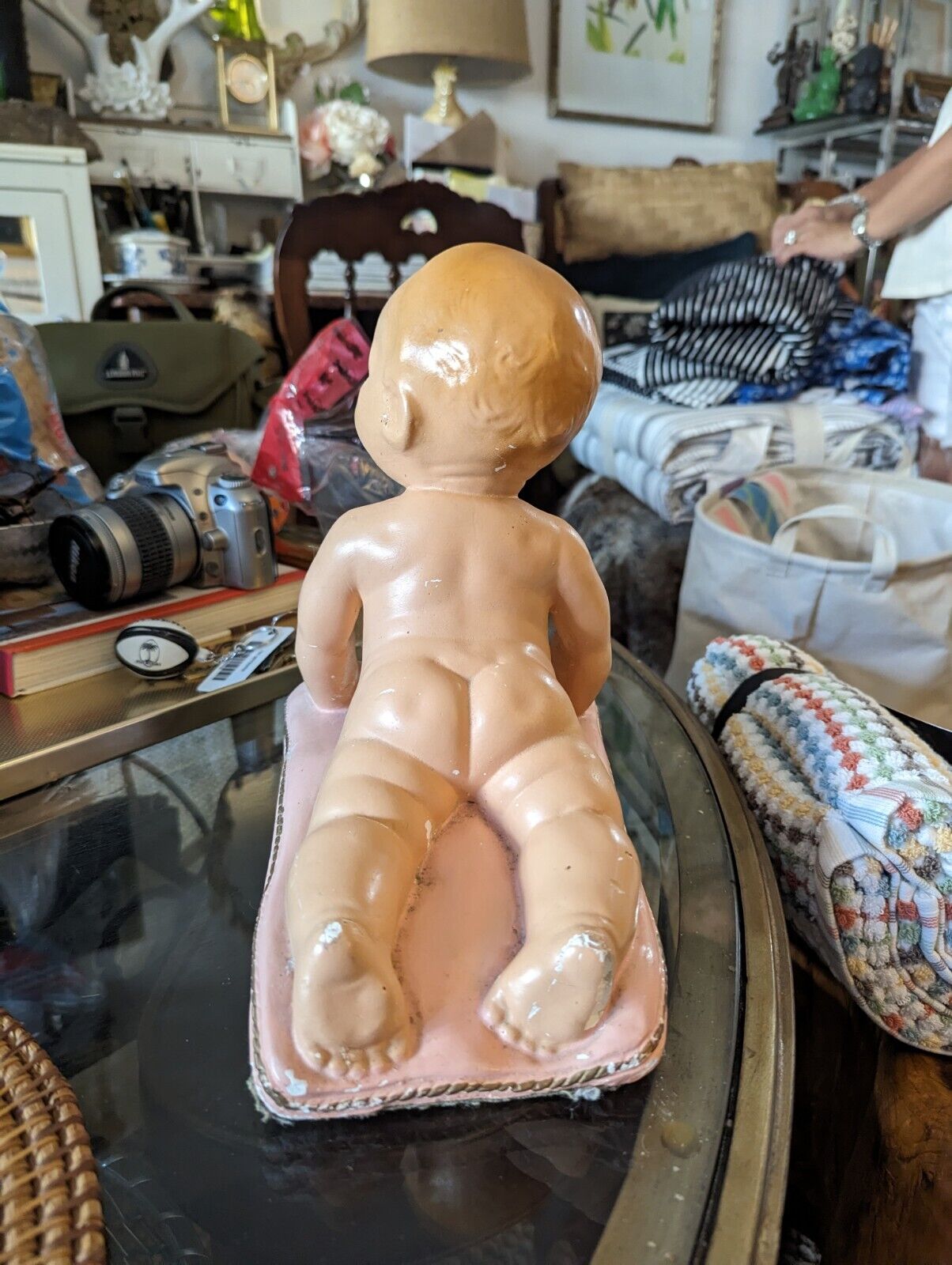 True Vintage 50s Chalkware Piano Baby - Poured Painted plaster baby girl Rare