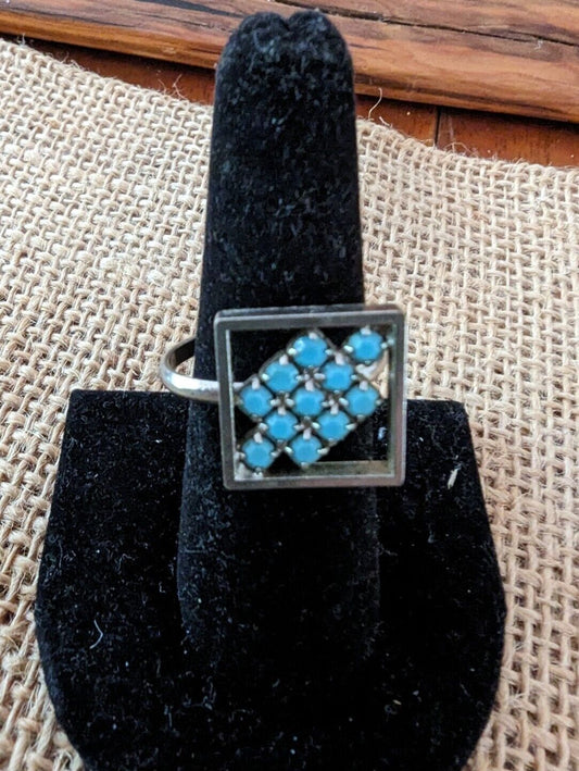 Unique Square Silver Tone And Turquoise Ring Size 8