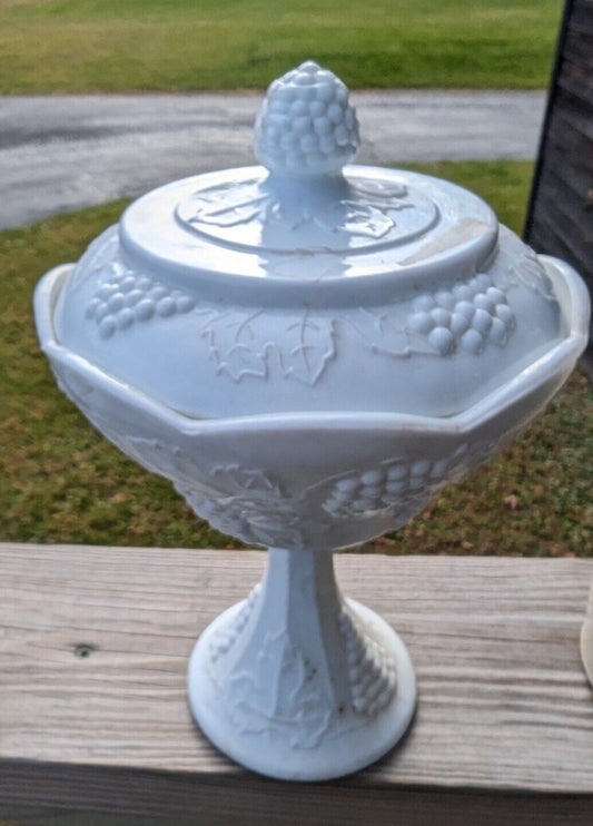 Vintage Indiana White Milk Glass Grape Harvest Pedestal Covered Candy Dish & Lid