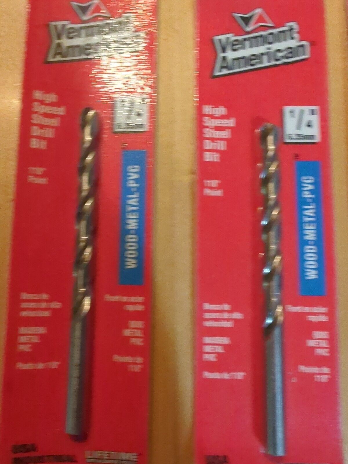 Vermont American 1/4 Drill Bits Two Packs Wood Metal PVC, One Metal.