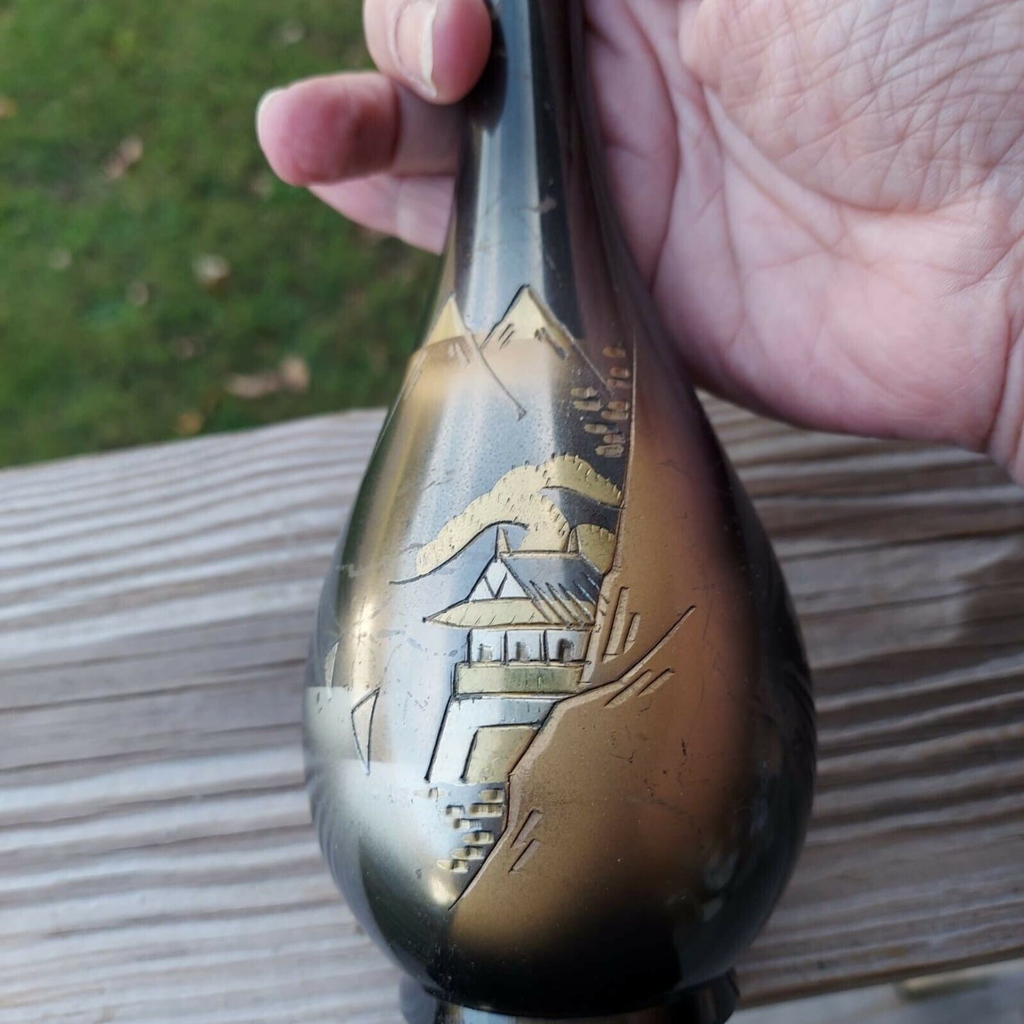 Vintage Metal Asian Etched 9" Bud Vase-Black, Silver, Gold