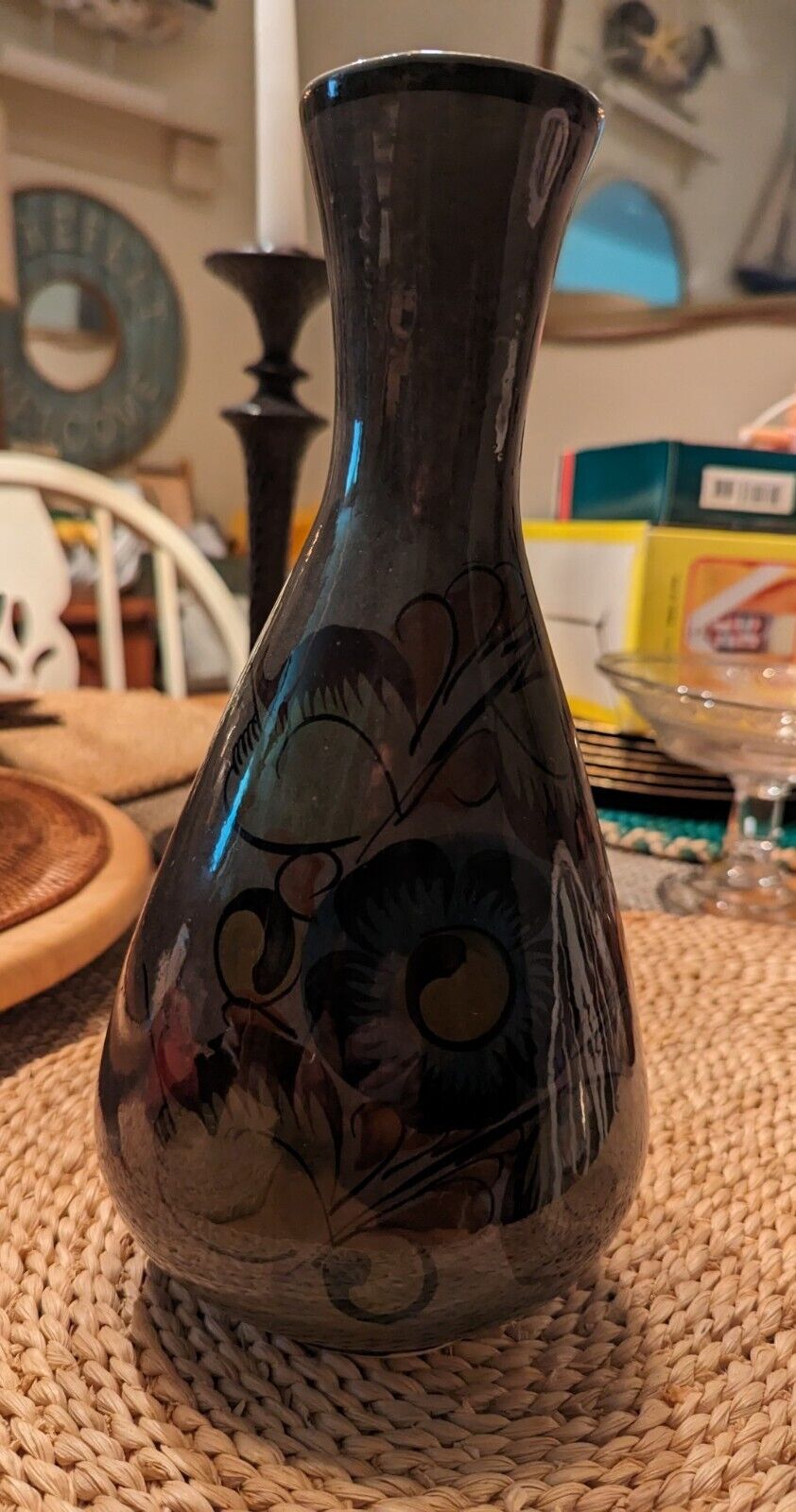 Unique P Vallarta Mexico 12" Green Flowers Themed Ceramic Vase