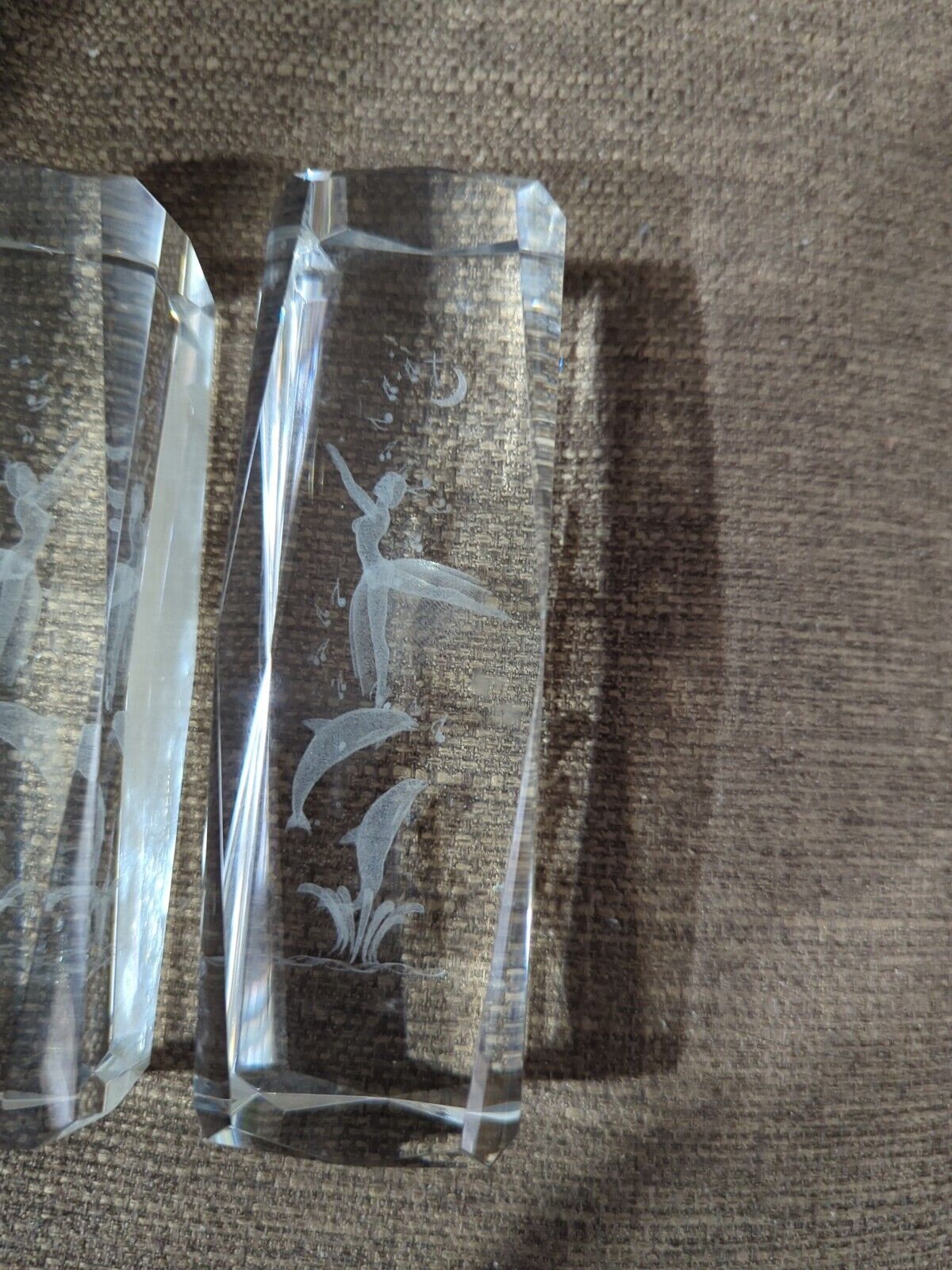 2 Crystals Laser Etched Hologram Musical Note Dancing Dolphins Paperweights