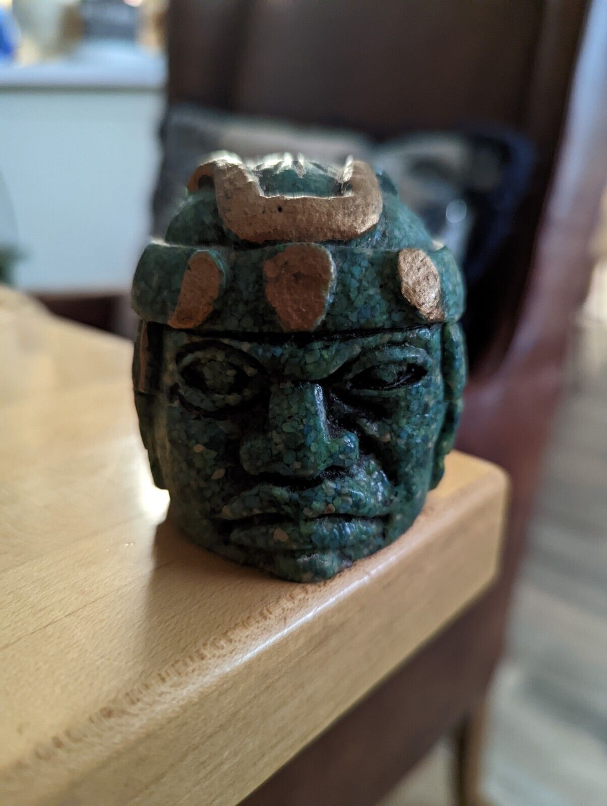 Mayan Green Carved Stone Head Art , 3.5"