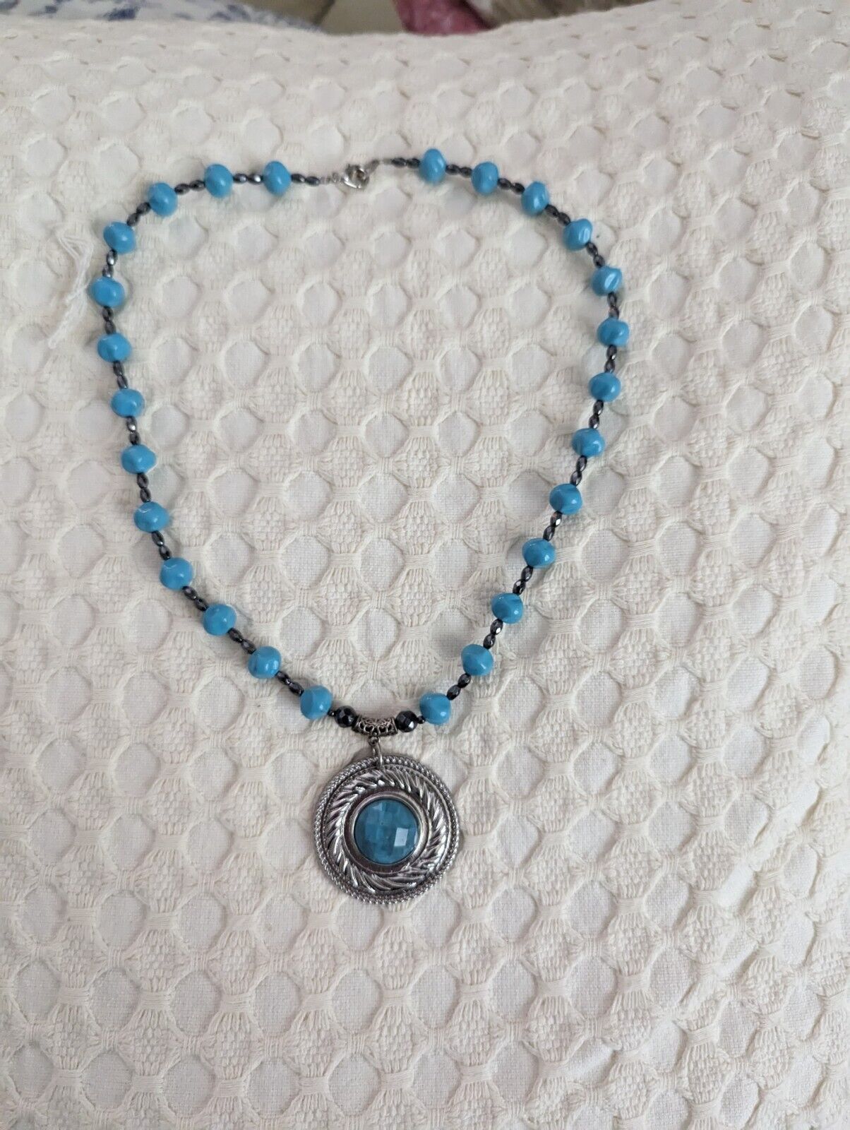 Large Faux Turquoise And Silver Tone Pendant Necklace