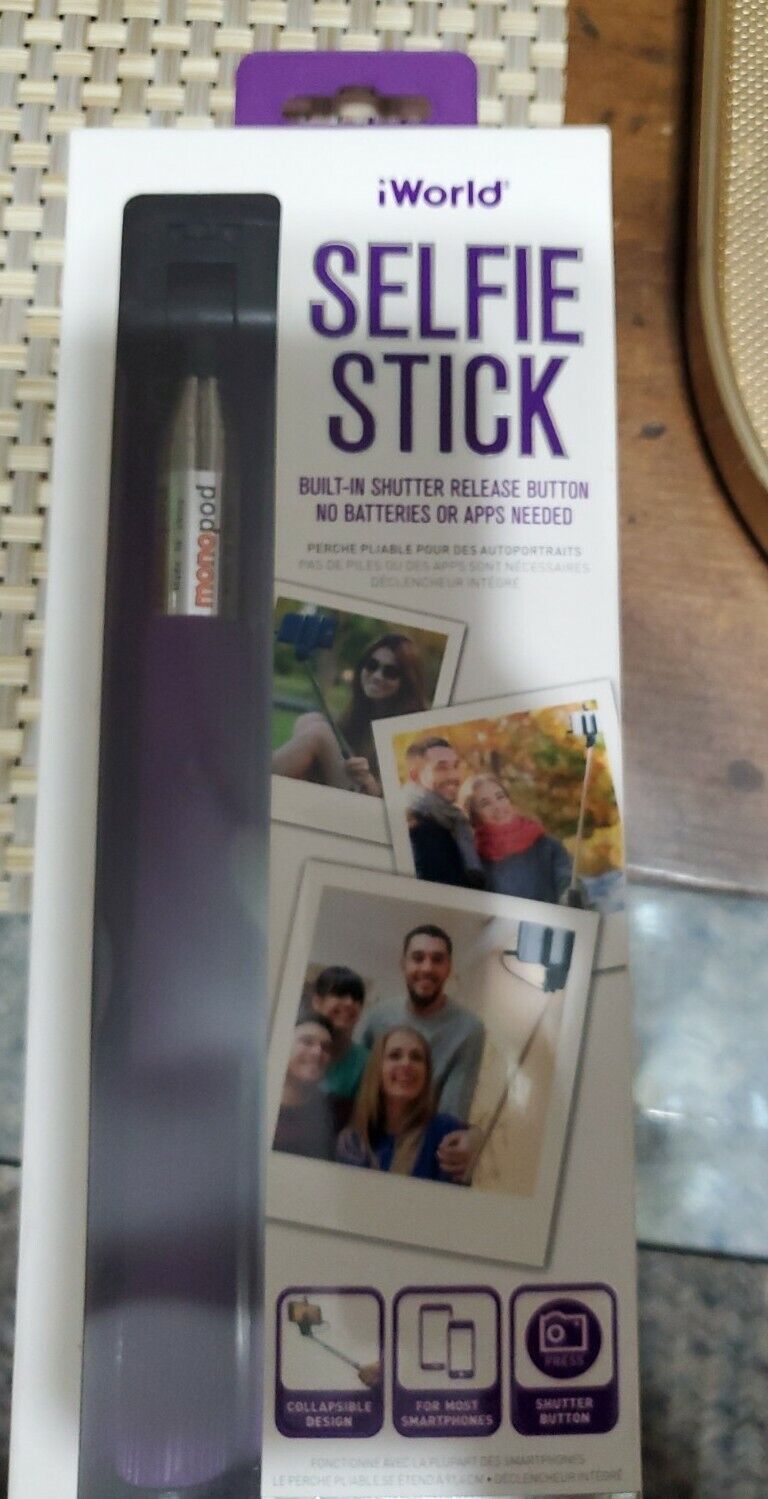 Iworld Selfie Stick purple 36" extended w shutter release button