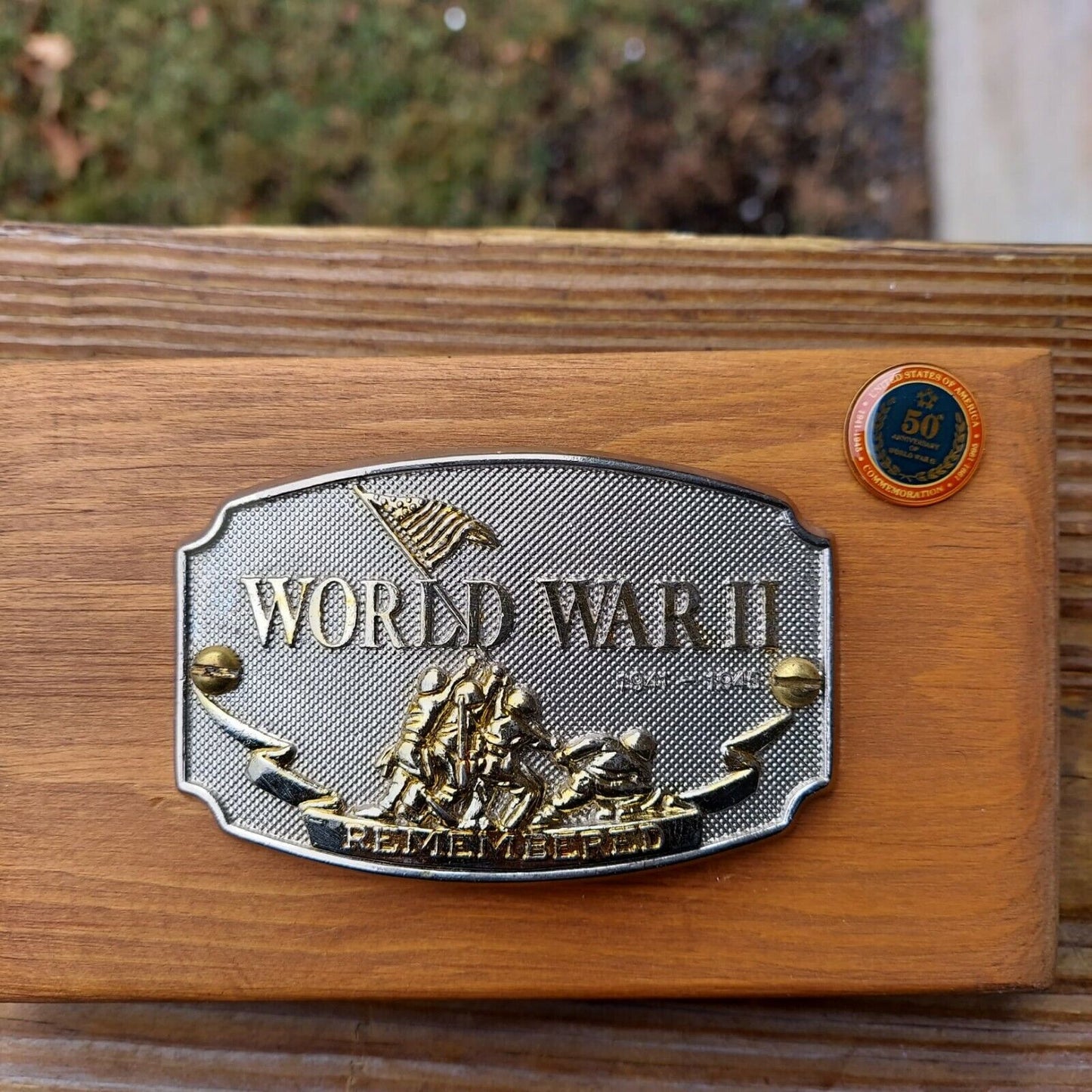 World War II Remembered Belt Buckle on Wood Plaque w COA