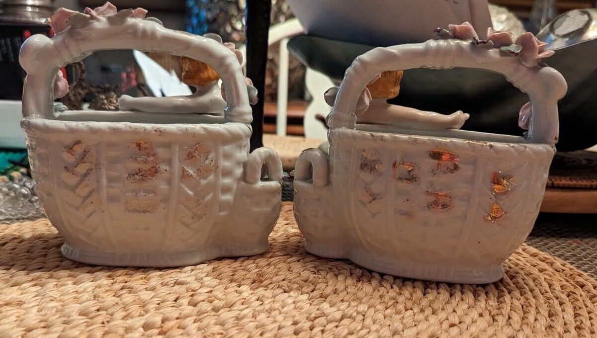 Two VTG Porcelain  White Gold Planters Baskets Cherubs Applied Pink Rose 6" Each