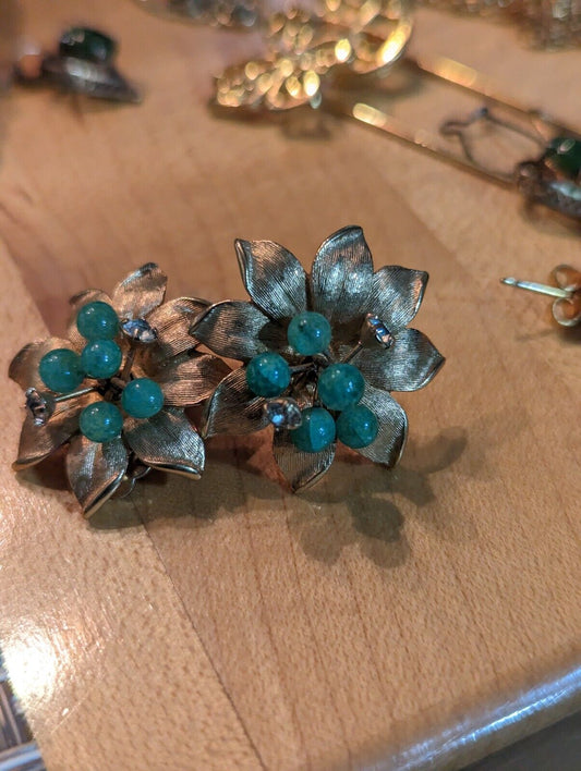 Vintage Clip On Earrings Golden Petals And Green And Clear Crystals