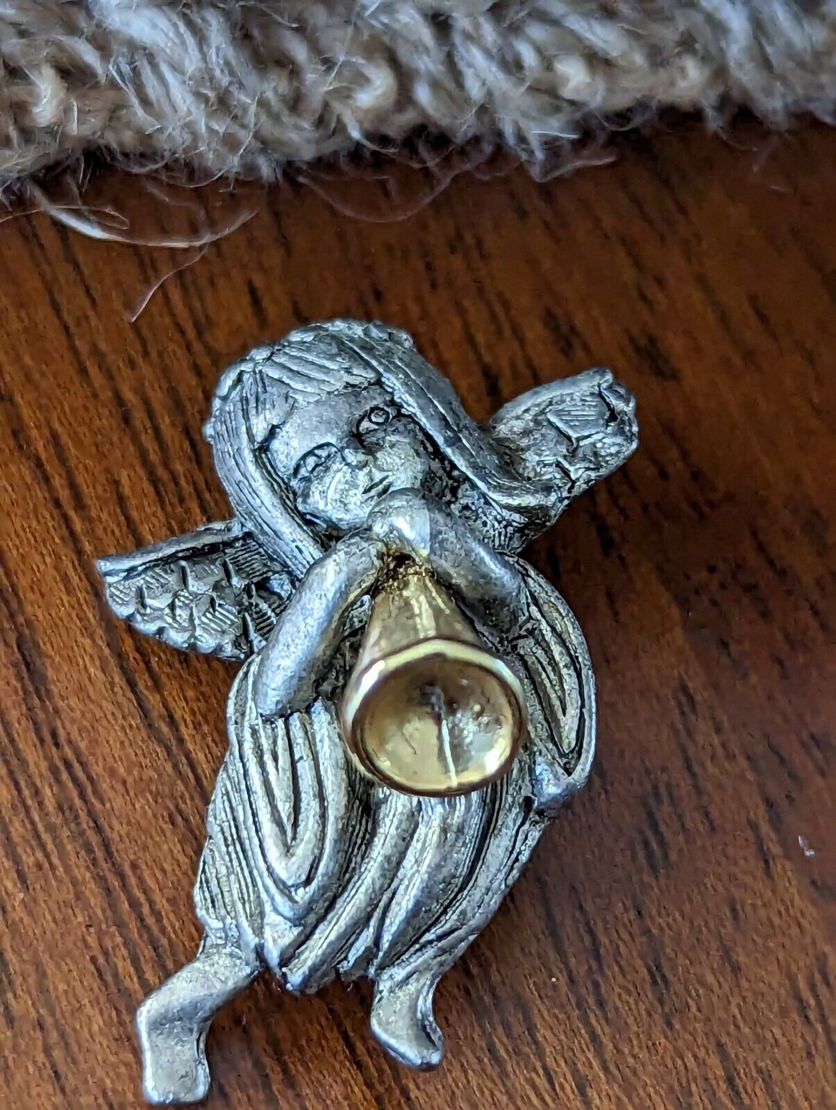 Vintage Pewter Guardian Angel With Golden Flute Brooch Signed DMO