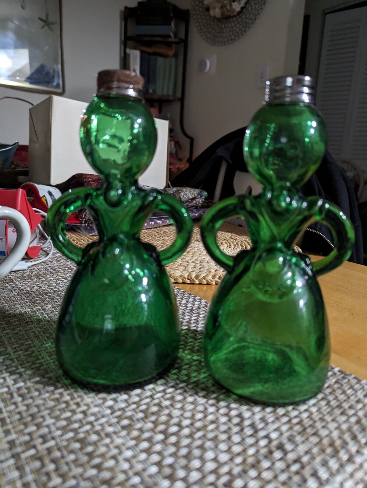 RARE Merry Maids Green Glass Salt &Pepper Shakers Vintage