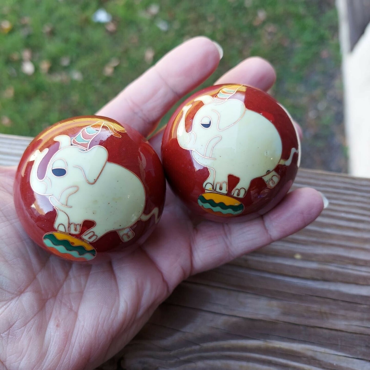 Vintage Red Chai Balls With White Elephants, Pair