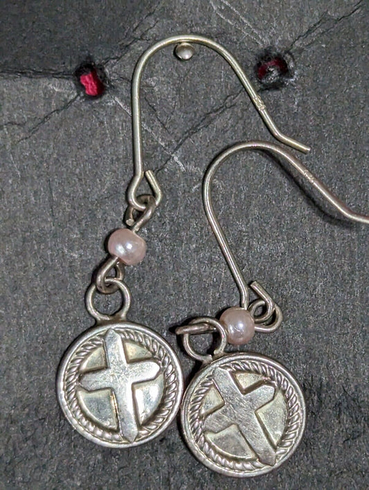 STERLING SILVER ROUND CROSS  PEARL accent  DROP DANGLE PIERCED EARRINGS 925