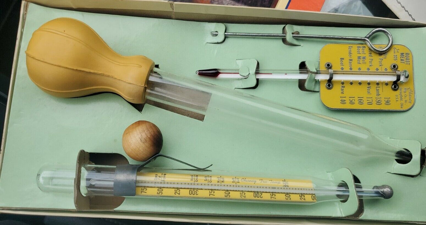 vintage Chaney MFG Co kitchen-aid SET NO. 201 TWO THERMOMETERS & BASTER SET USA