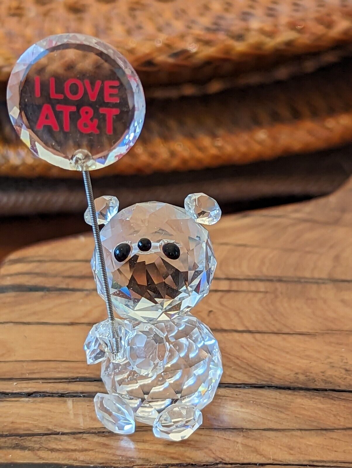 Signed Zoo Crystal Bear miniature Figurine Holding I Love AT&T Sign  1" x 2"