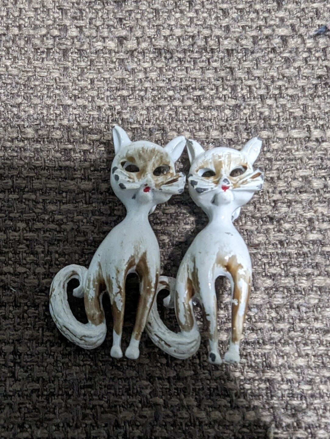 2 Vintage MCM White W Brown Spots Long Neck Cat Brooches Siamese Twins About 2"