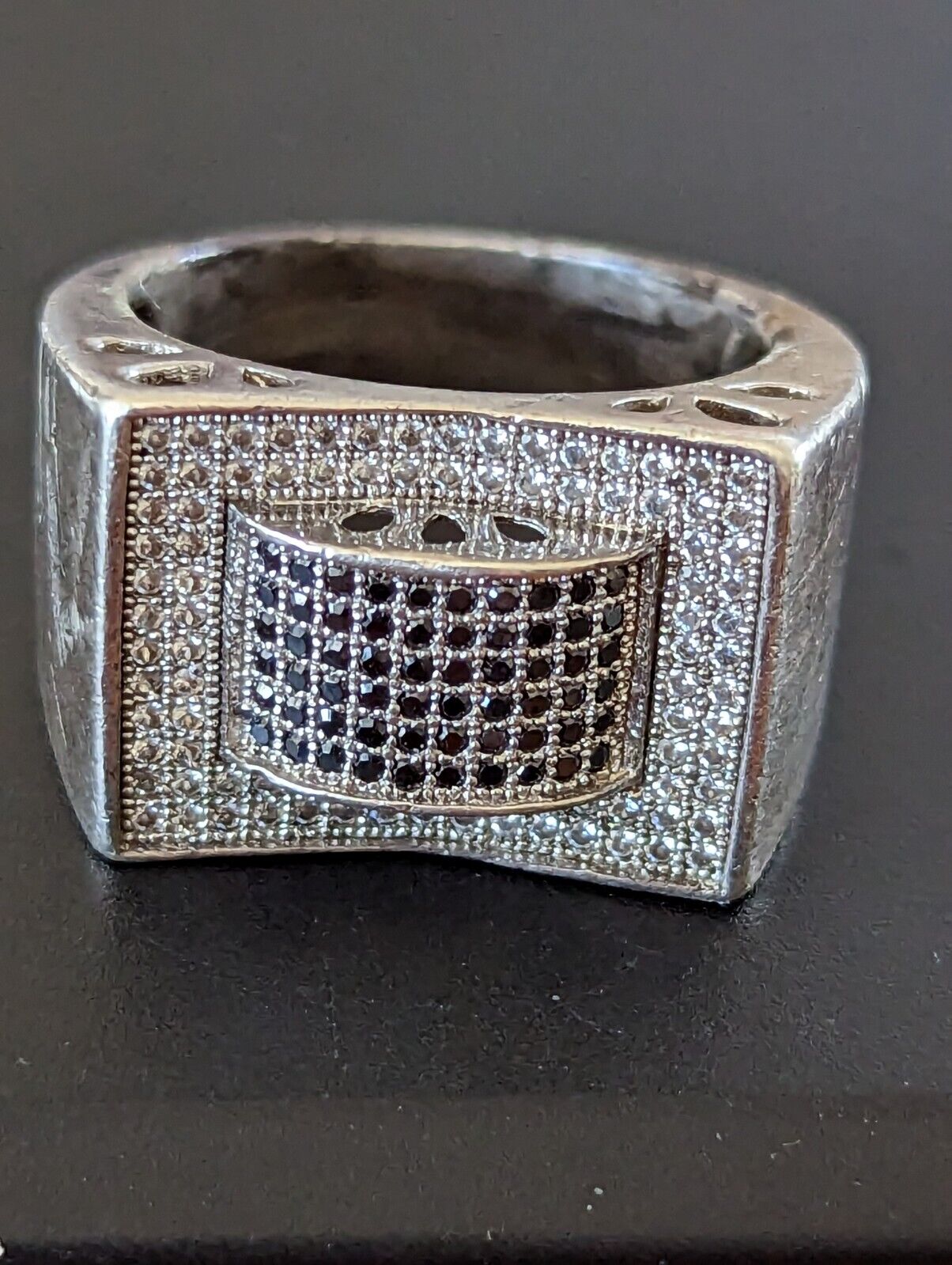 Vintage 925 Silver Black Diamond Pave Wide Band Size 9 Ring