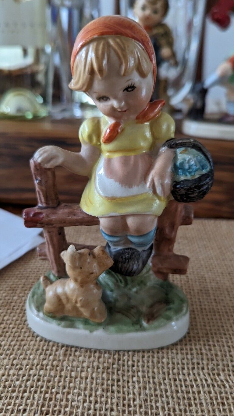 Knobler Co Ceramic Girl Sitting On A Fence With Dog Figurine