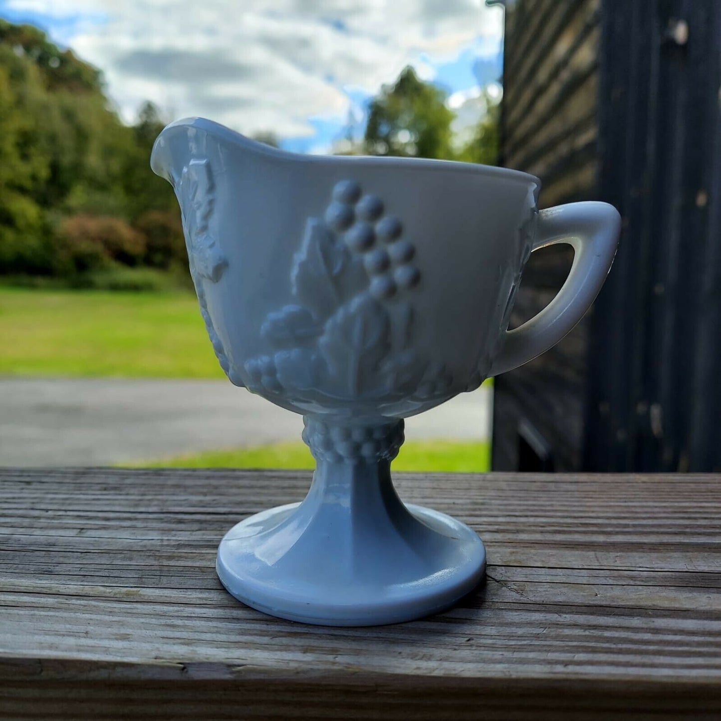 Milk Glass Creamer Pedestal, Indiana Glass Harvest Grape Pattern