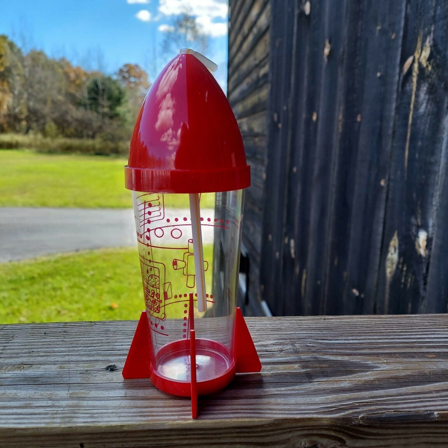 Vintage Plastic Space Ship Mug w flexible straws Red Yellow Blue NIB Hong Kong