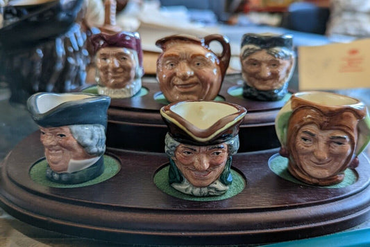 Six Miniatures Royal Doulton Mugs With Fine Wood Stand