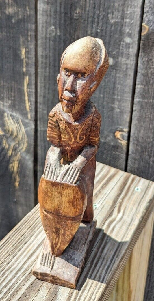 Vintage Hand Carved Wood Man On Drums African Tribal Folk Art Statues Figurine