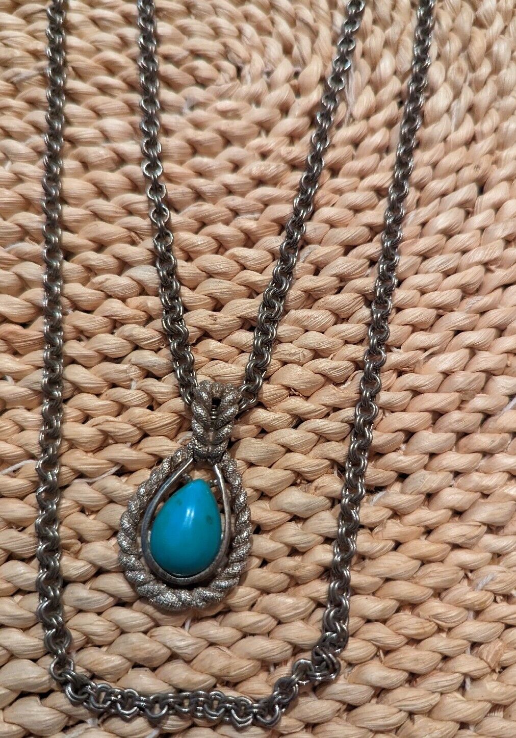 Vintage Avon Faux Turquoise Silvertone Teardrop Pendant 2 Strand Necklace