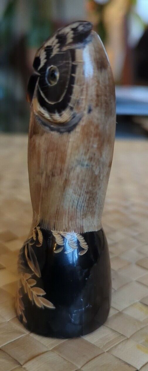 Water Buffalo Horn Carved Owl Figurine 4" tall.