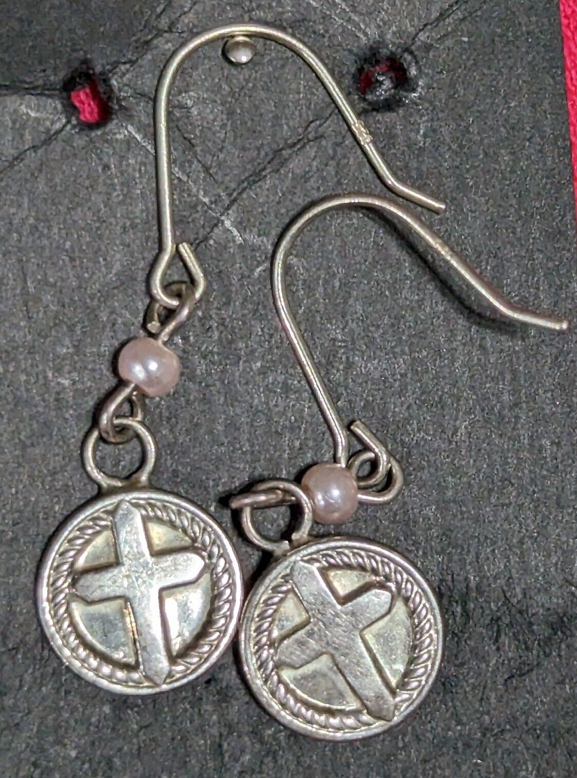 STERLING SILVER ROUND CROSS  PEARL accent  DROP DANGLE PIERCED EARRINGS 925