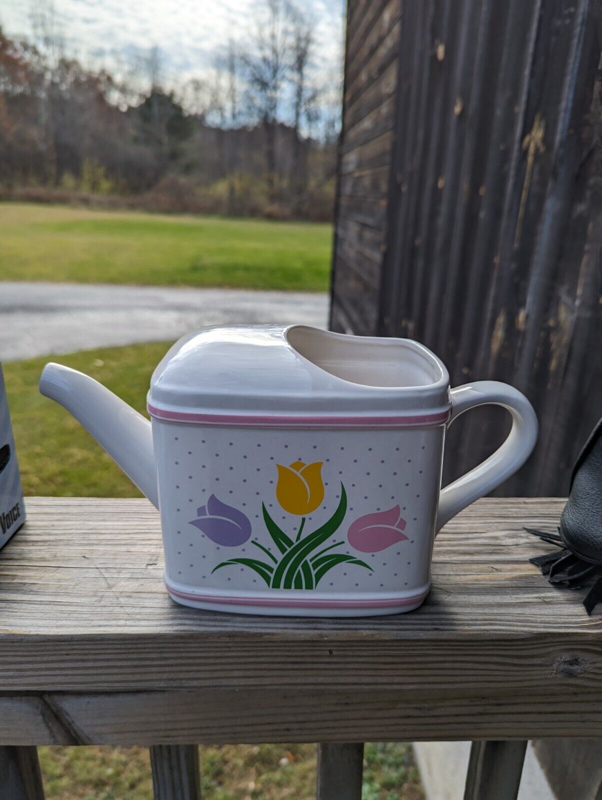 1985 Teleflora Gift Ceramic Watering Can Flower Pot Planter Tulips Spring Design