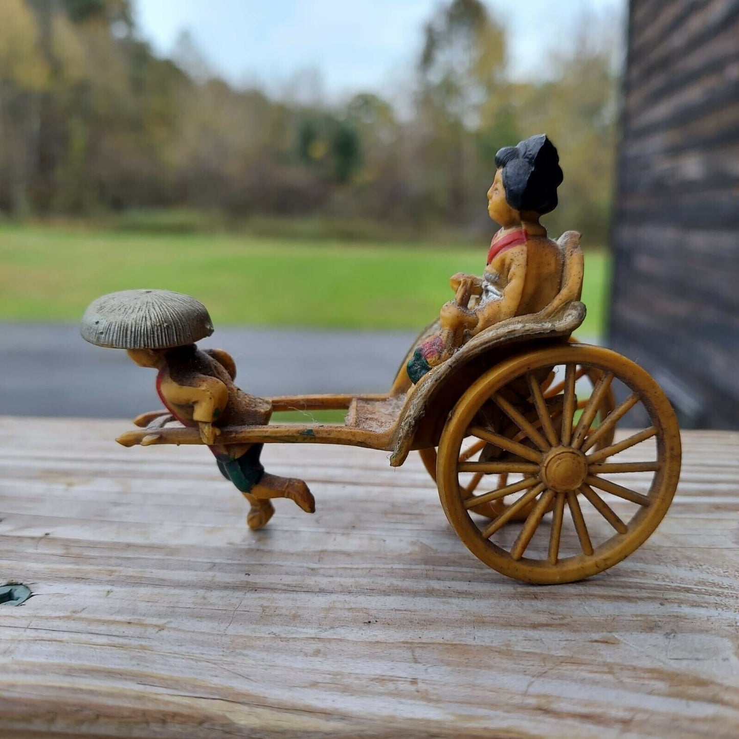 Vintage Asian Celluloid Man Pulling Rickshaw Figurine