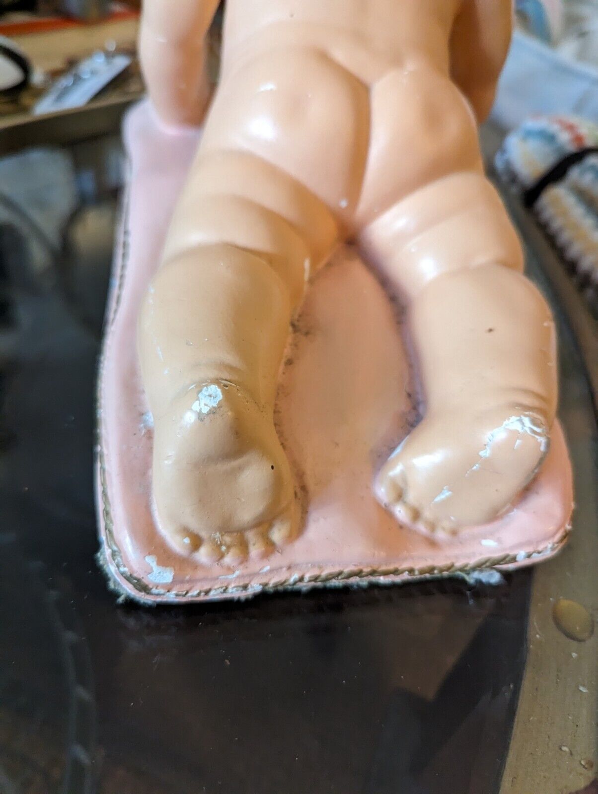 True Vintage 50s Chalkware Piano Baby - Poured Painted plaster baby girl Rare