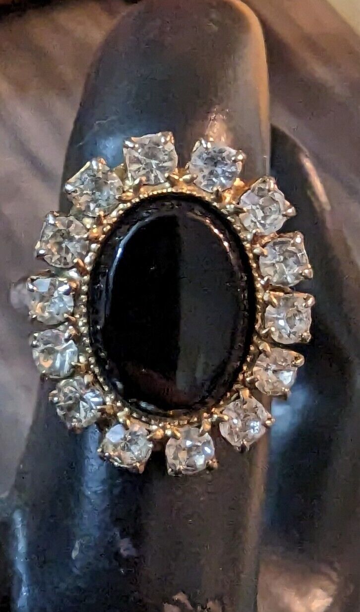 Vintage Domed Black Onix With Rhinestones Ring Size 8 Adjustable