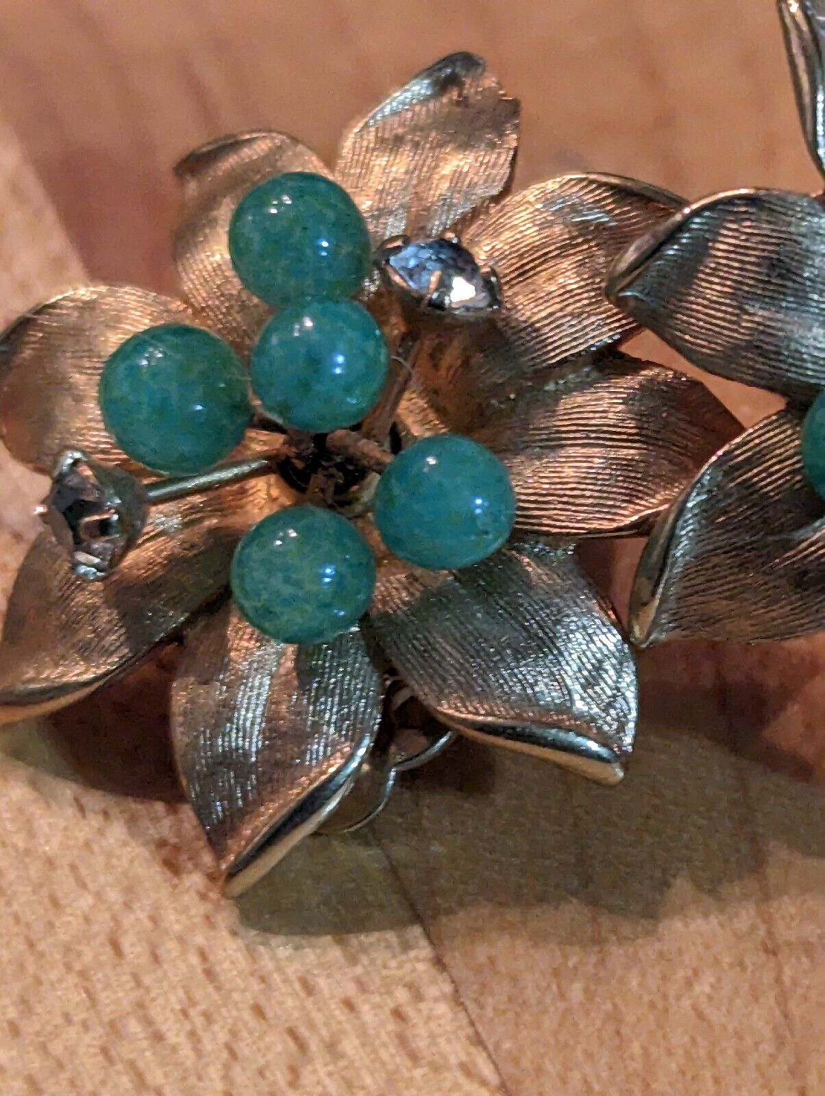 Vintage Clip On Earrings Golden Petals And Green And Clear Crystals