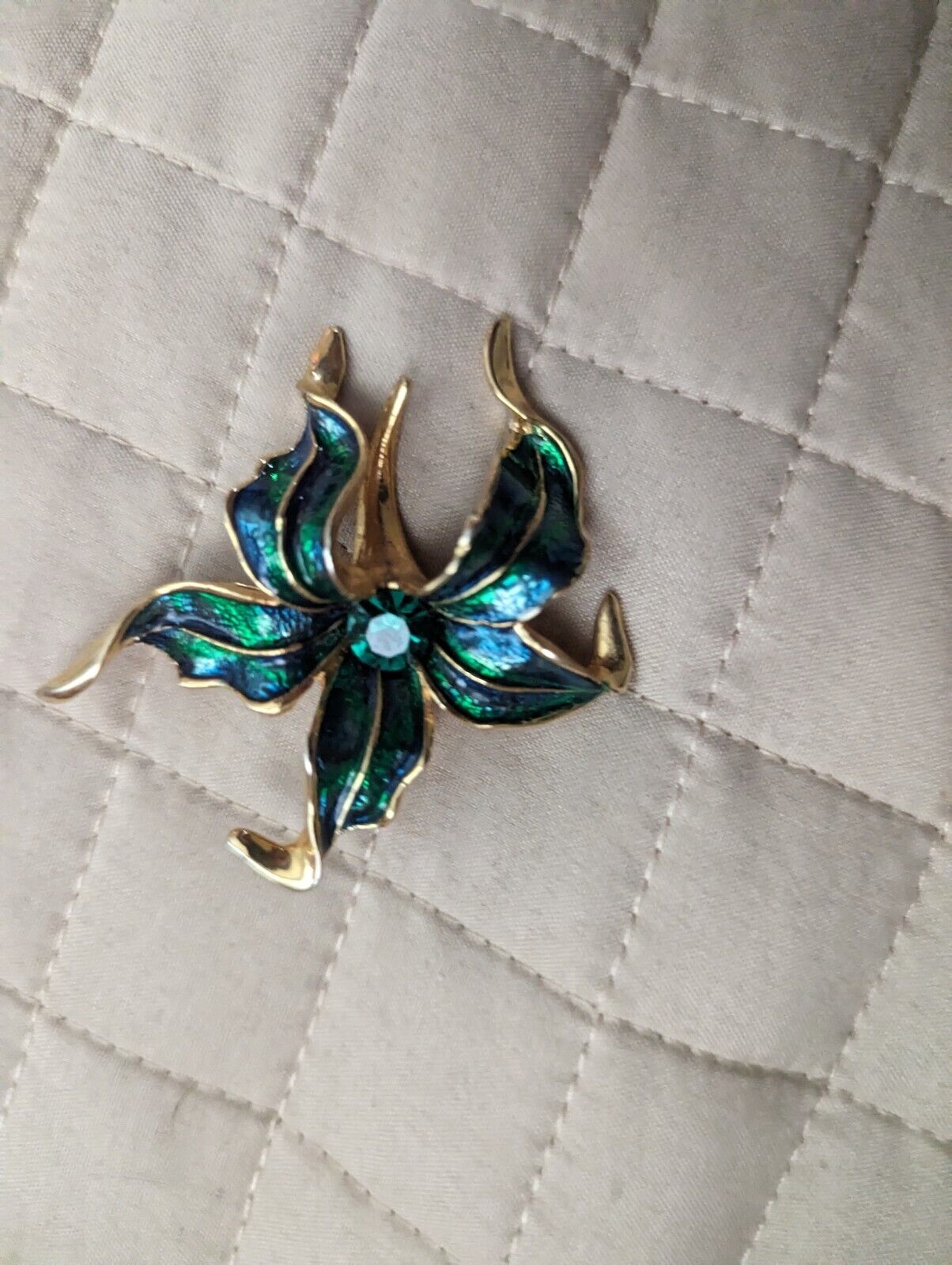 Enamel Goldstone Lily Brooch With Green Stone Jewel toned