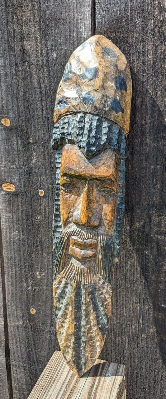 Slender Elongated Primitive Bearded Real Wood Carved Man Mask Wall Hanging 2 Ft