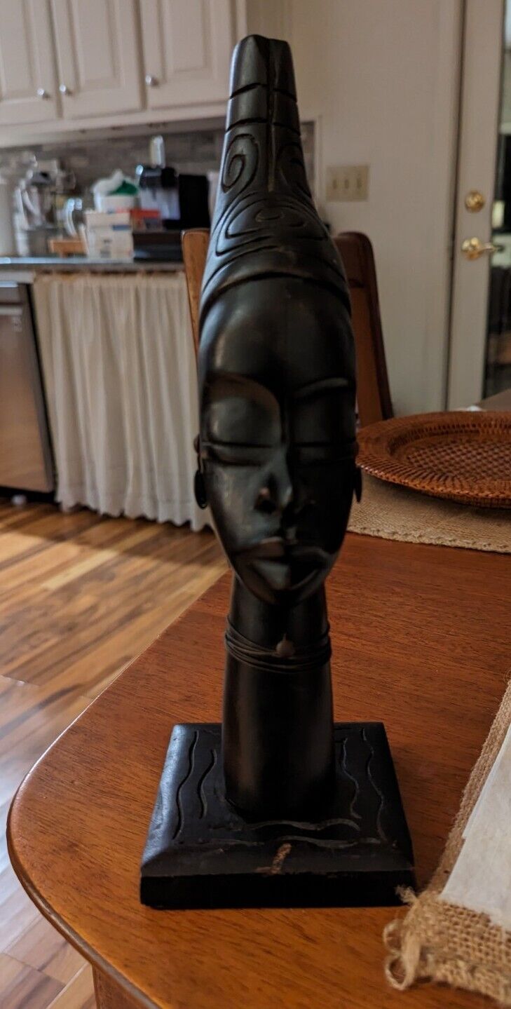 Vintage 80s Wooden Wood Carved African Beauty With Metallic Earings 9" tall