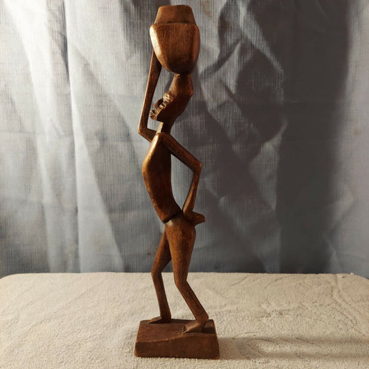 Vintage African Wood Carving Woman Returns With Water 11" tall