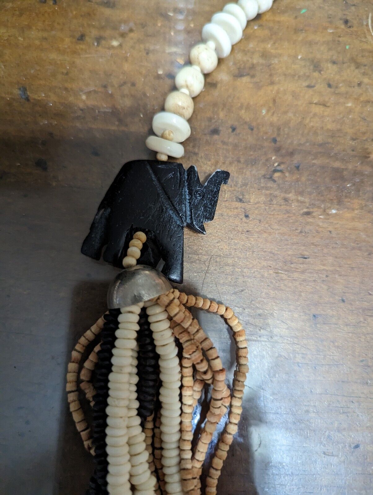 BoHo African carved elephant & wood bead Multi Strand Beaded Necklace 24”