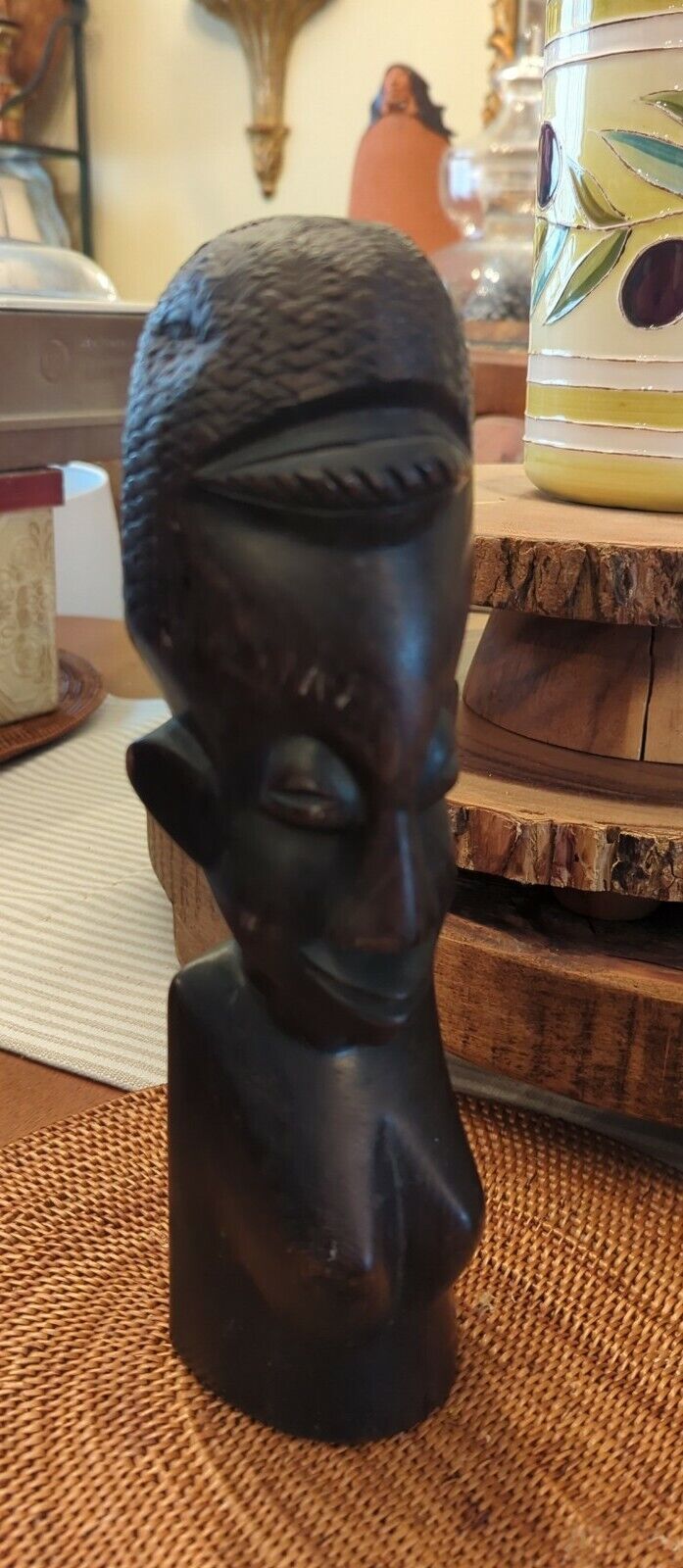 Original Kenyan Hand Carved African Woman Bust Head Ebony Wood Vintage