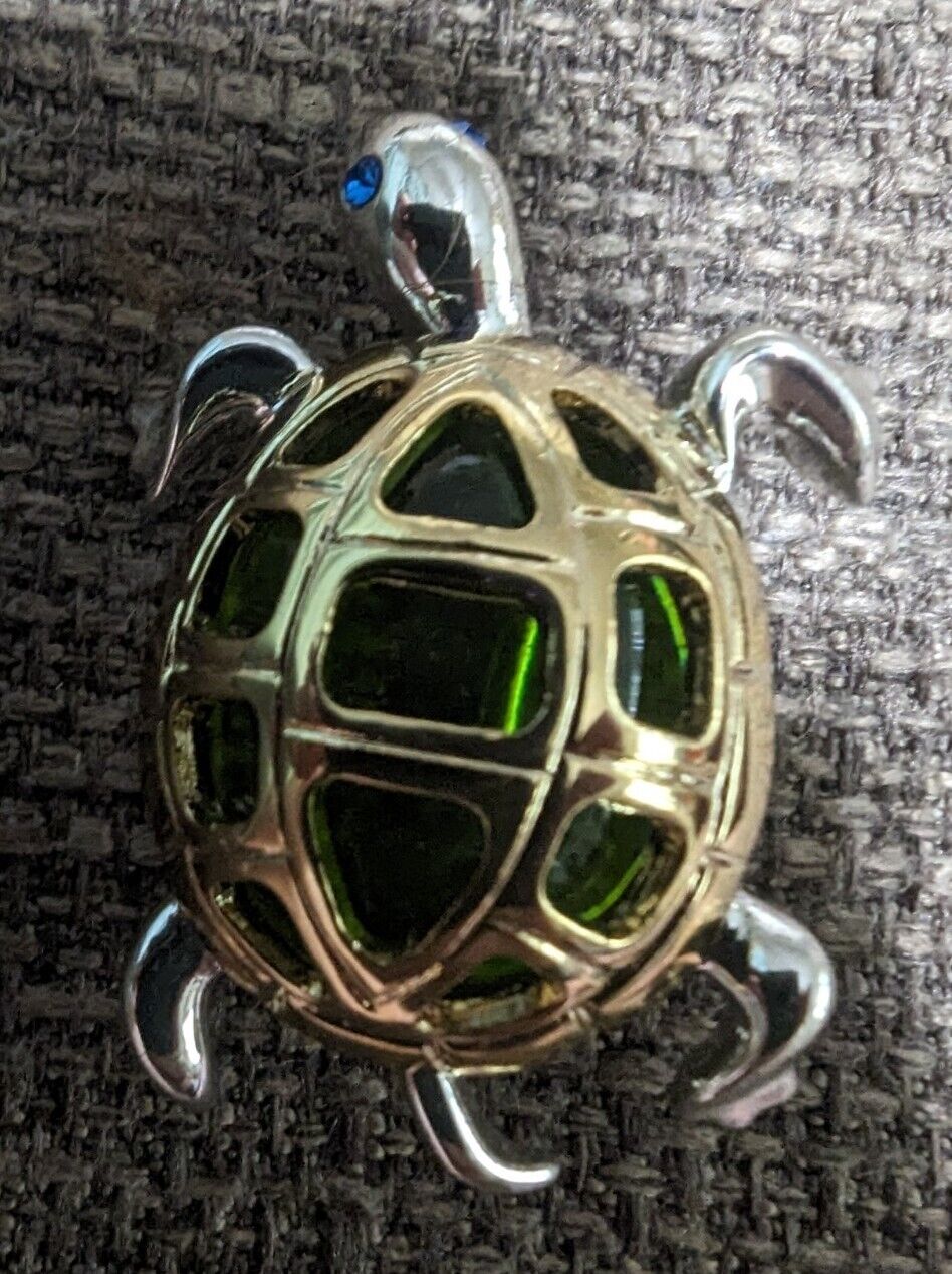 Metal And Green Glass Turtle Brooch Silver And Gold Tone