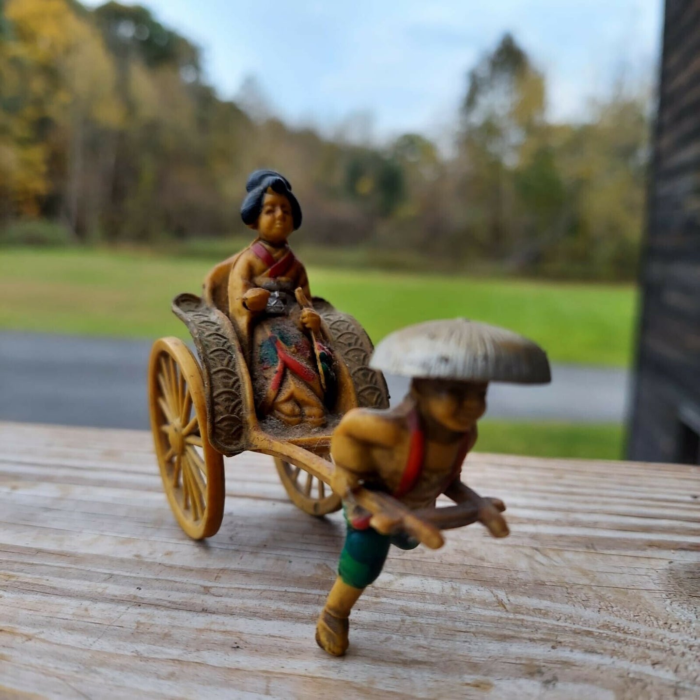 Vintage Asian Celluloid Man Pulling Rickshaw Figurine