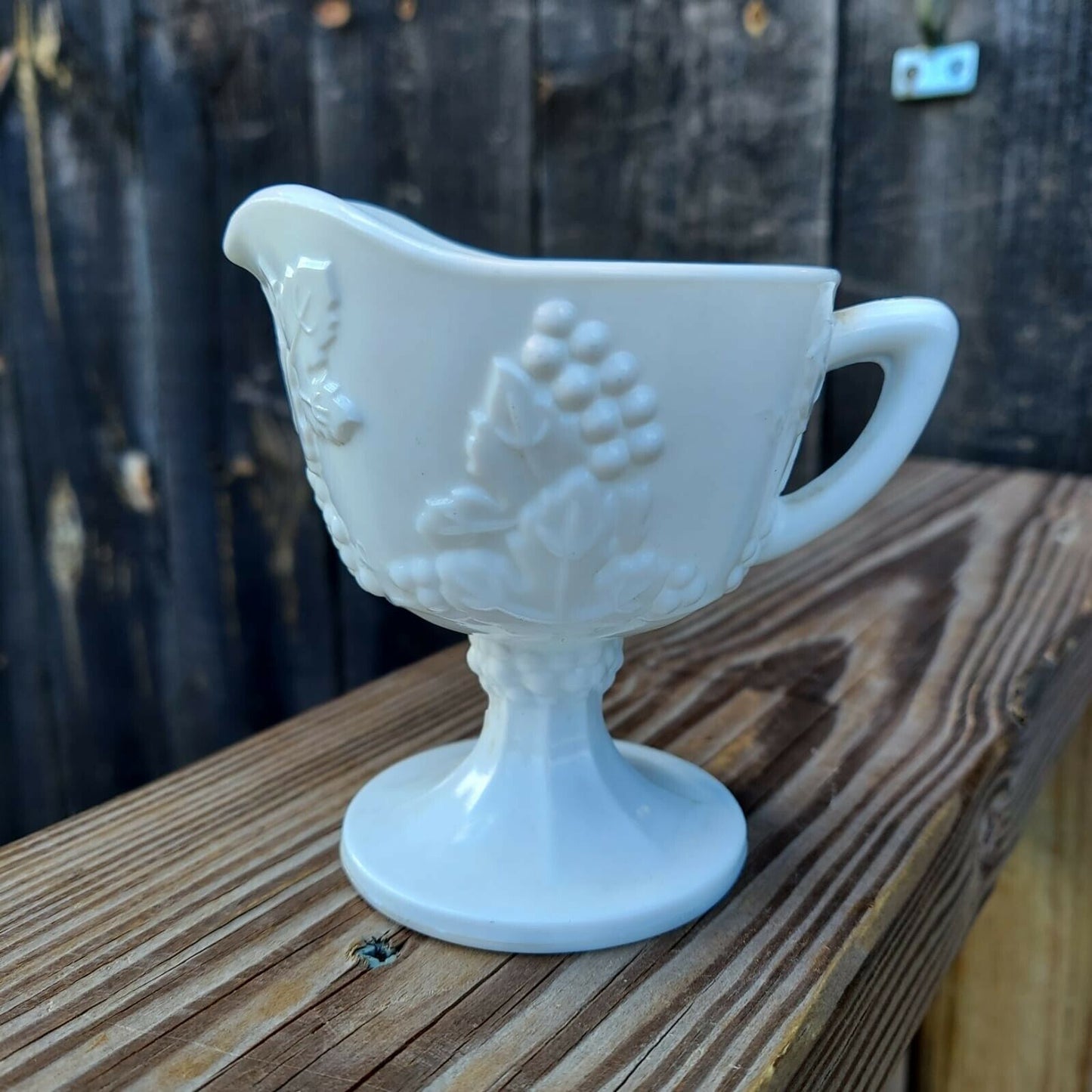 Milk Glass Creamer Pedestal, Indiana Glass Harvest Grape Pattern