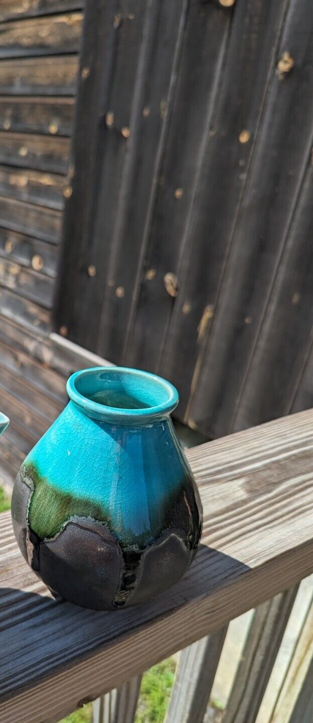 Clay Ceramic Vase Chocolate Brown With Glossy Turquoise Glaze Drip