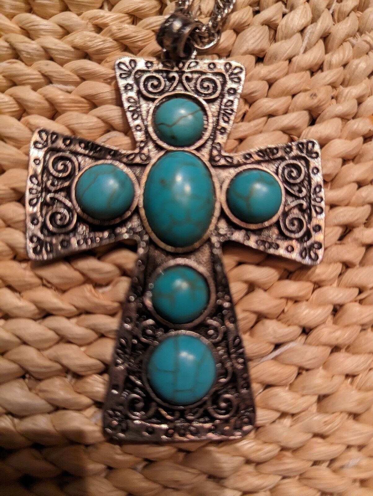 Vintage Large SouthWestern Style Turquoise Over Silver Tone Cross And 22" Chain