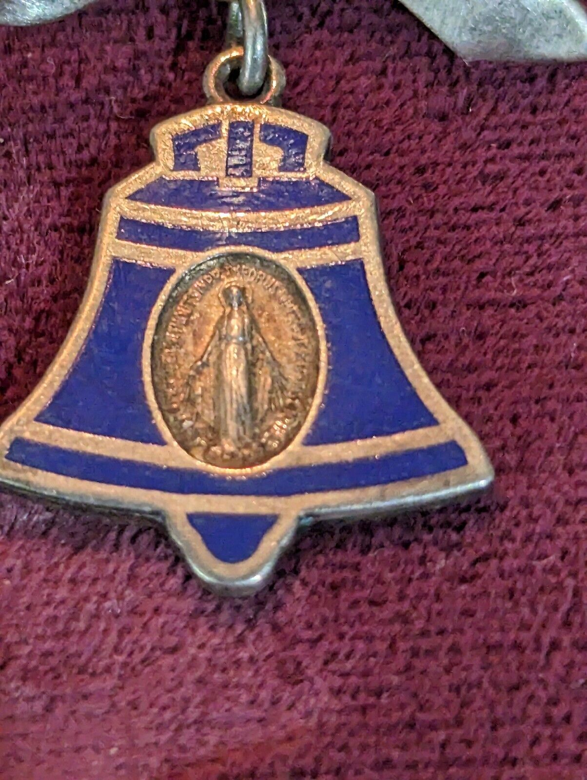 Vintage Sterling Our lady Of The Bell Medal blue enamel With Ribbon